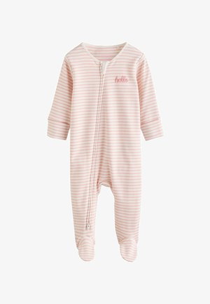 Prugasti dječji bodi u svijetlo ružičastoj boji s bijelim, ima prednji zip i dizajn s nogavicama, naglašen vezom "hello" na prsima.