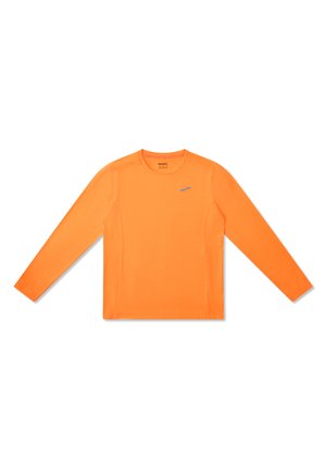 Bright orange long-sleeve athletic shirt with crew neck and small gray logo on the left chest, displayed flat on a white background.