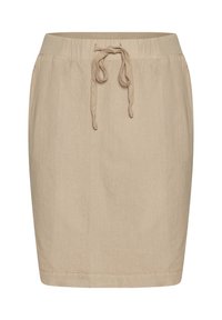 Jupe en lin beige avec une taille élastique, un cordon de serrage réglable et une coupe droite. Texture lisse et design simple sans motifs.