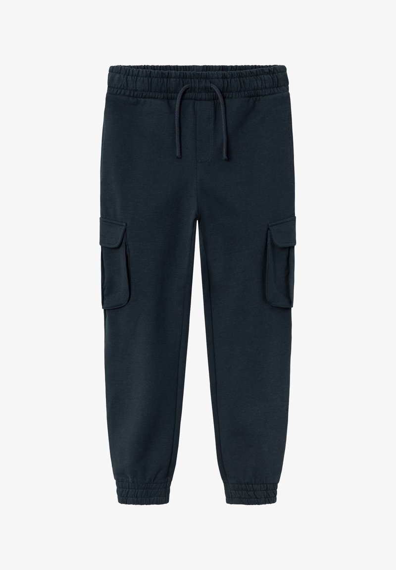 Pantalones de chándal azul marino oscuro hechos de una suave mezcla de algodón, con una cintura elástica con cordón y dos bolsillos laterales tipo cargo.