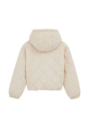 Beežika värvi kapuutsiga tikitud jakk, millel on tekstuuriga ruudukujuline muster, elastsed varrukaotsad ja lühendatud lõige.