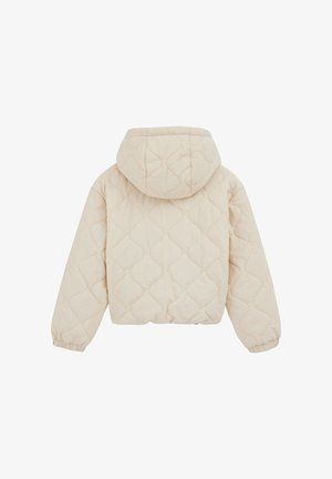 Beige gesteppte Jacke mit Kapuze, die ein strukturiertes Rautenmuster, elastische Bündchen und ein kurzes Design aufweist.