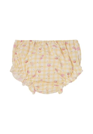 Bloomer bébé en vichy jaune avec motifs de fruits roses et taille et jambes élastiquées.