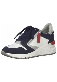 Granatowy i biały tenisówka z szarą podeszwą, granatowymi sznurowadłami, srebrnym zamkiem błyskawicznym z czerwonym uchwytem oraz wyściełanym kołnierzem przy pięcie.