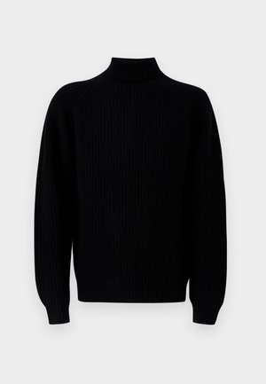 Sweater preto com malha às riscas, mangas longas e gola alta tipo mock neck, exibido sobre um fundo branco.