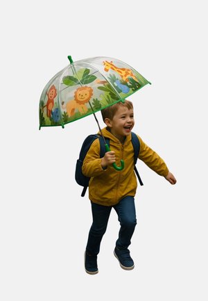 Transparent umbrella with a green rim features colorful jungle animal graphics; child in a yellow jacket and blue jeans joyfully runs beneath it.