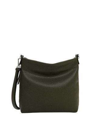 Green leather crossbody bag with a textured surface, featuring a simple design, adjustable strap, and subtle branding on the front.