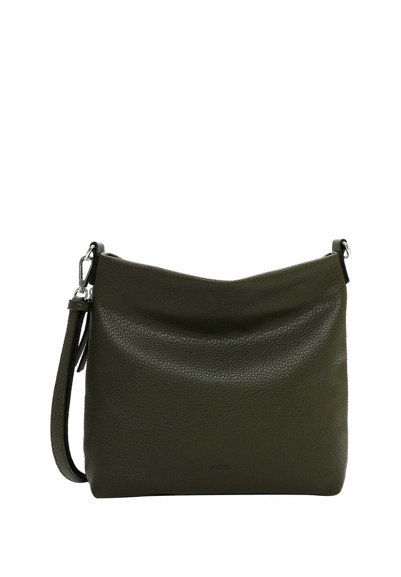 Grüne Leder-Crossbody-Tasche mit einer strukturierten Oberfläche, die ein schlichtes Design, einen verstellbaren Trageriemen und dezente Markenkennzeichnung auf der Vorderseite aufweist.