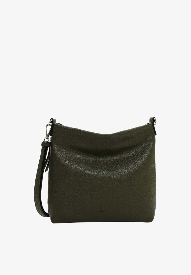 Grüne Leder-Crossbody-Tasche mit einer strukturierten Oberfläche, die ein schlichtes Design, einen verstellbaren Trageriemen und dezente Markenkennzeichnung auf der Vorderseite aufweist.