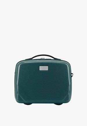 Valise cabine rigide vert foncé avec surface texturée, poignée noire sur le dessus et petite plaque métallique de marque à l'avant.