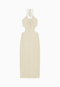 Vestido midi de tirantes halter en color crema, que presenta lados recortados, textura de encaje y un detalle de cordón en el escote. Fabricado con un tejido ligero.