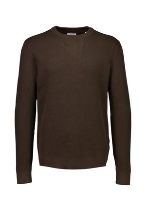 Maglione a costine marrone con scollo rotondo e maniche lunghe, caratterizzato da una texture sottile e una forma aderente.