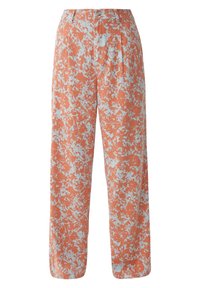 Pantaloni a gamba larga con motivo floreale in corallo e azzurro chiaro, caratterizzati da un tessuto testurizzato, fronte plissettato e vita standard con bottone.