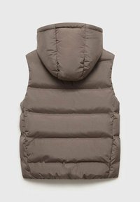 Rjav podložen brezrokavnik s kapuco, ki ima prešito zasnovo in gladko teksturo. Brez rokavov, z robustno in minimalisticno obliko.