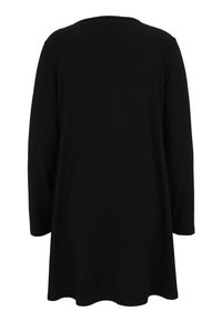 Schwarzes Langarmshirt mit Rundhals, das einen lockeren Schnitt, eine weiche Textur und ein einfaches gerades Rückennaht-Design aufweist.