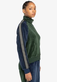 Chaqueta de terciopelo con cremallera en verde oscuro y azul, con un bolsillo lateral con cremallera, puños de canalé y ribetes decorativos a lo largo de las mangas.