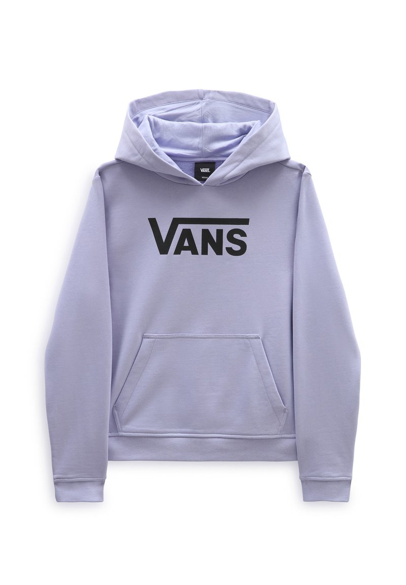 Sudadera Vans de color púrpura claro con bolsillo frontal y logotipo negro de Vans centrado en el pecho, mostrada sobre un fondo blanco.