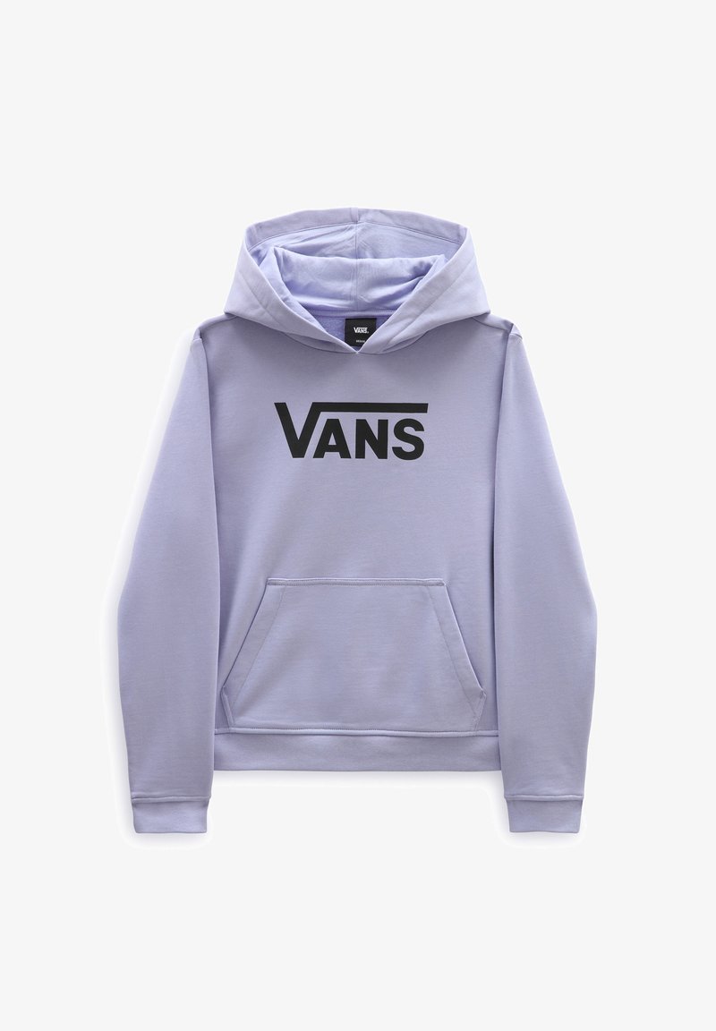 Sudadera Vans de color púrpura claro con bolsillo frontal y logotipo negro de Vans centrado en el pecho, mostrada sobre un fondo blanco.