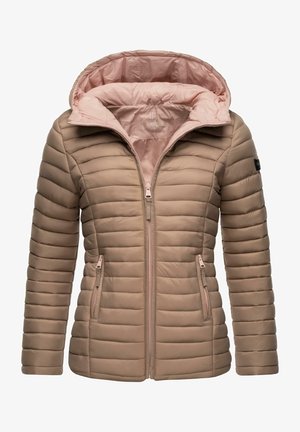 Padded jacket in beige with a pink lining. Features a zip front, hood, and two side zip pockets. Horizontal quilted texture throughout.