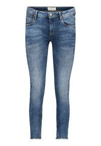 Slim-fit blå denimjeans med en blekt tvätt, medelhög midja, femficksdesign och fransade nederkanter. Hållbart tyg och klassisk sömnad.