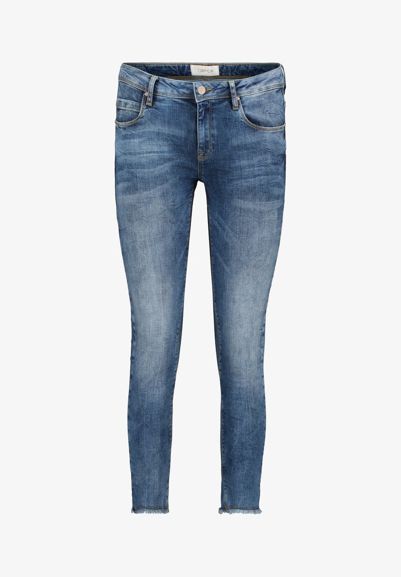 Slim-fit blå denimjeans med en blekt tvätt, medelhög midja, femficksdesign och fransade nederkanter. Hållbart tyg och klassisk sömnad.