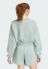 Mint green sweatshirt and shorts set; relaxed fit with ribbed waistband and cuffs; soft texture; features raglan sleeves.