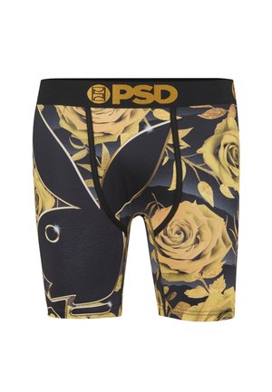 Svarte boxer briefs med gullfarget blomsterdesign, en stor svart Playboy-kaninlogo og "PSD" i gull på midjebåndet.