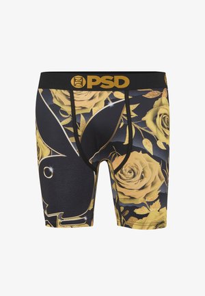 Czarne bokserki z złotym wzorem kwiatowym, dużym czarnym logo królika Playboy oraz napisem "PSD" w kolorze złotym na gumce.