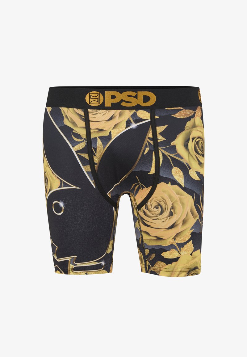 Boxers noirs avec motif floral doré, un grand logo noir du lapin Playboy, et "PSD" en or sur la ceinture.