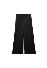 Pantalon large noir à taille réglable, en tissu texturé avec des plis verticaux pour plus de détails. Conçu pour le confort et la liberté de mouvement.