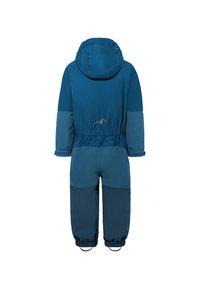 Blauwe kinder sneeuwpak met een capuchon, elastische taille en manchetten. Heeft contrasterende tinten en een subtiele logodetail op de achterkant.