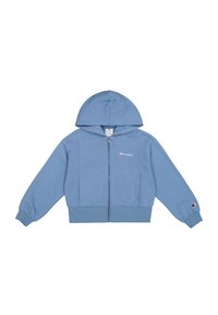 Felpa con zip di colore azzurro chiaro realizzata in tessuto morbido, dotata di cappuccio, polsini a coste e dettaglio del logo sul petto e sulla manica.