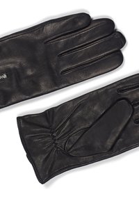 Sorte skinnhansker med en glatt tekstur, med en samlet mansjett og femfingret design. Diskret merking på mansjettområdet.