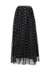 Jupe en tulle noire avec des pois blancs, design plissé, mi-longue, taille élastique et bord en dentelle.