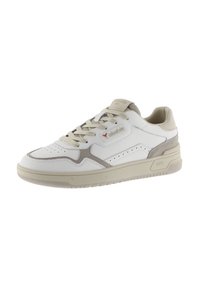 Sneaker bianca in pelle con accenti in suede beige, design perforato, lacci piatti, colletto imbottito e suola in gomma testurizzata.