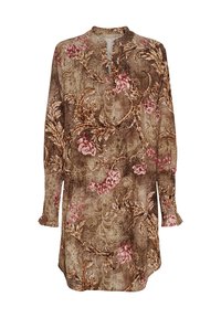 Langærmet brun blomsterkjole med høj halsudskæring, prydet med pink roser og indviklede mønstre. Blødt materiale, afslappet pasform, sideslidser.