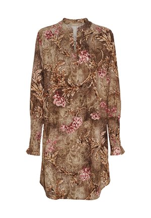 Langærmet brun blomsterkjole med høj halsudskæring, prydet med pink roser og indviklede mønstre. Blødt materiale, afslappet pasform, sideslidser.