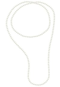Collier de perles blanches composé de perles sphériques de taille uniforme, avec une surface lisse et un design classique, agencé en forme de boucle.