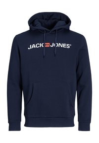 Sudadera azul marino con bolsillo frontal, capucha ajustable con cordones y la marca en blanco "JACK & JONES" en el pecho, hecha de un tejido suave.
