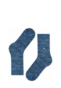 Calze blu in morbido tessuto a maglia, con un accento di pois azzurri. Il design include un bordo a costine e una parte del tallone sagomata.