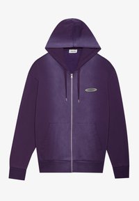 Ljubičasta zip-up dukserica od mješavine pamuka. Ima kapuljaču, prednje džepove, rebraste manžete i mali logo na grudima. Glatka tekstura.