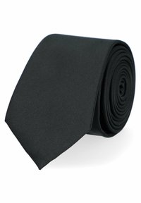 Czarny krawat z gładkiego materiału, prezentujący klasyczny design z zakończeniem w szpic, starannie zrolowany do przechowywania. Minimalistyczny i elegancki.