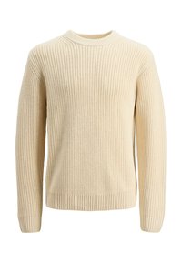 Pull beige en tricot avec un col rond, des poignets et une base côtelés, et un tissu texturé à motif. Design décontracté d'épaisseur moyenne.