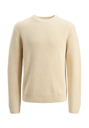 Beežis toonis kootud kampsun ümara kaelusega, soonikkoes mansettide ja äärega ning tekstuurse mustriga kangaga. Vabaaja stiil keskmise paksusega.