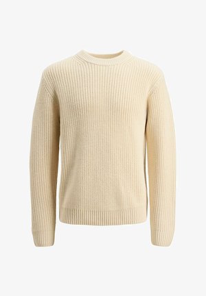 Beežis toonis kootud kampsun ümara kaelusega, soonikkoes mansettide ja äärega ning tekstuurse mustriga kangaga. Vabaaja stiil keskmise paksusega.