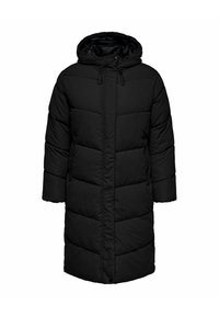 Melnas polsterētas virsjaka ar kapuci, kas rotāta ar izšūtu rakstu, ar auklām pie apkakles un divām sānu kabatām. Gluds tekstūras materiāls.