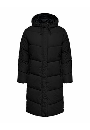 Crna podstavljena jakna s kapuljačom, s prošivenim uzorkom, vezicama na izrezu i dva bočna džepa. Glatka tekstura.