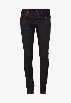 Jean noir en denim avec une coupe slim. Caractéristiques : coutures contrastantes, cinq poches et fermeture à bouton à la taille.