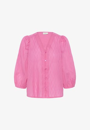 Kirkaskarvaine pikk-särg, pikkade varrukatega, pumbatud õlgadega, V-kaelusega, viie eesmise nupuga ja peene tekstuurse sakilise mustriga.