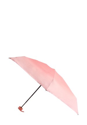 Różowy parasol w gradientowym odcieniu z czarną metalową ramą i różową plastikową rączką. Charakteryzuje się prostą, gładką teksturą oraz ośmioma panelami.